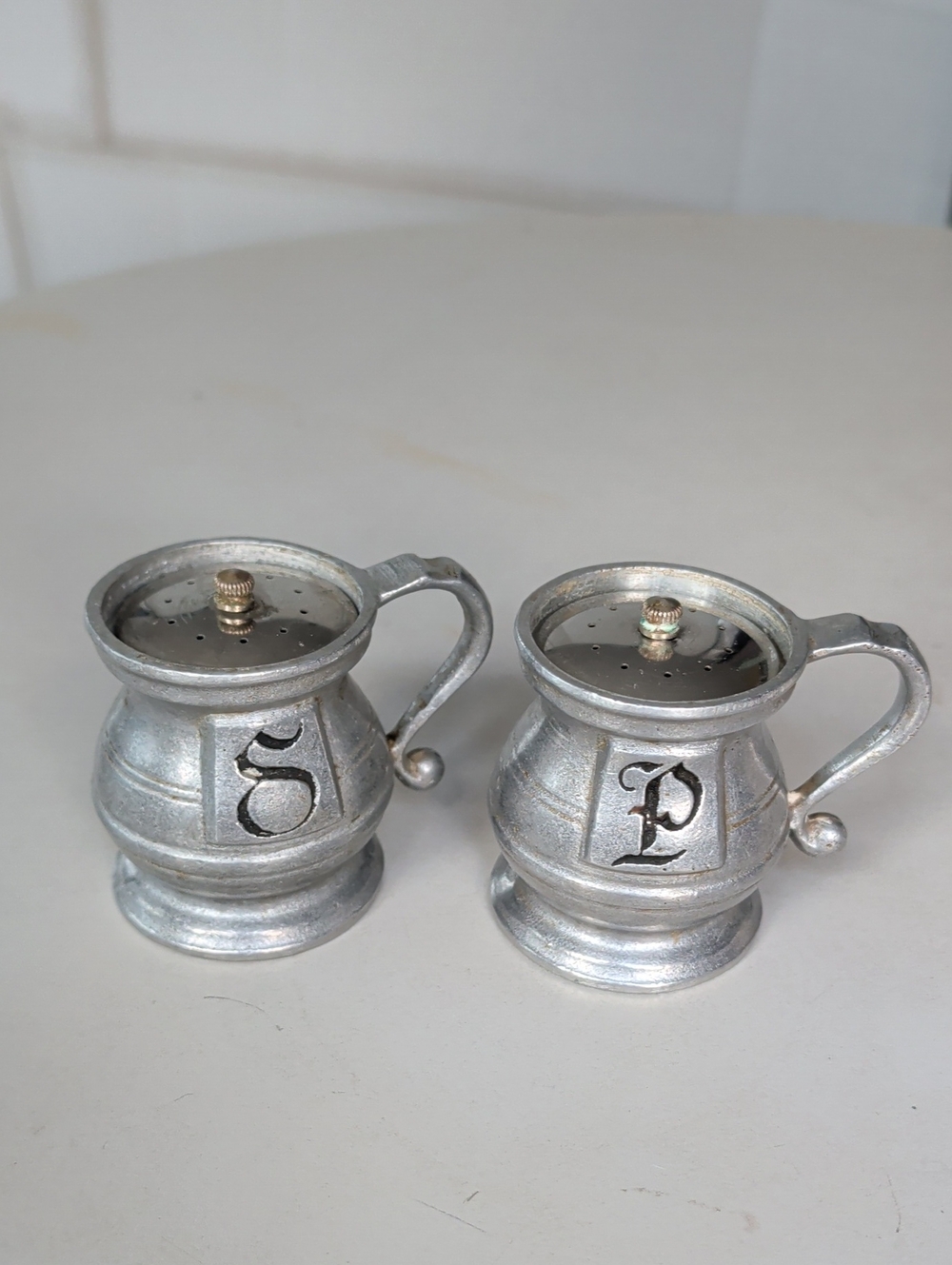 Wilton Armetale Silver Monogram S & P Mug-Style Salt and Pepper Shakers